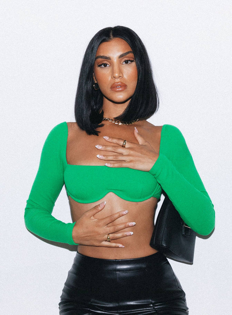 front view of model wearing Princess Polly Becca Long Sleeve Crop Top Green 