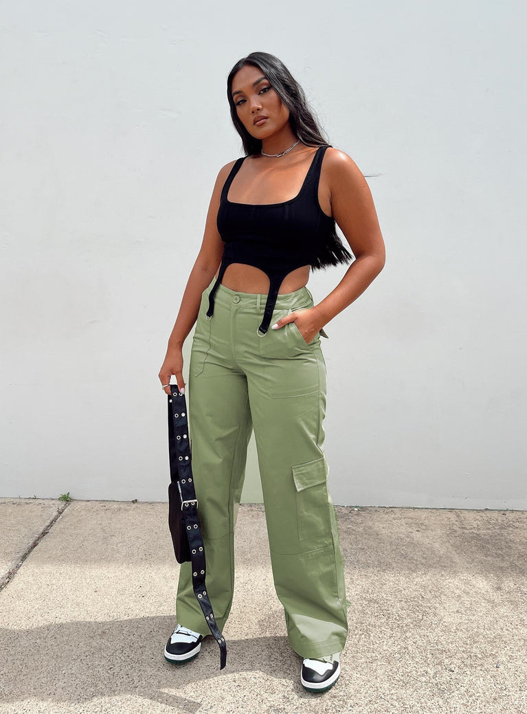 front view of model wearing Princess Polly Luna Mid Rise Cargo Pants Green 