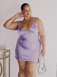 Front view of model wearing  front Princess Polly Asymmetric Neckline  Star Shining Mini Dress Purple Curve