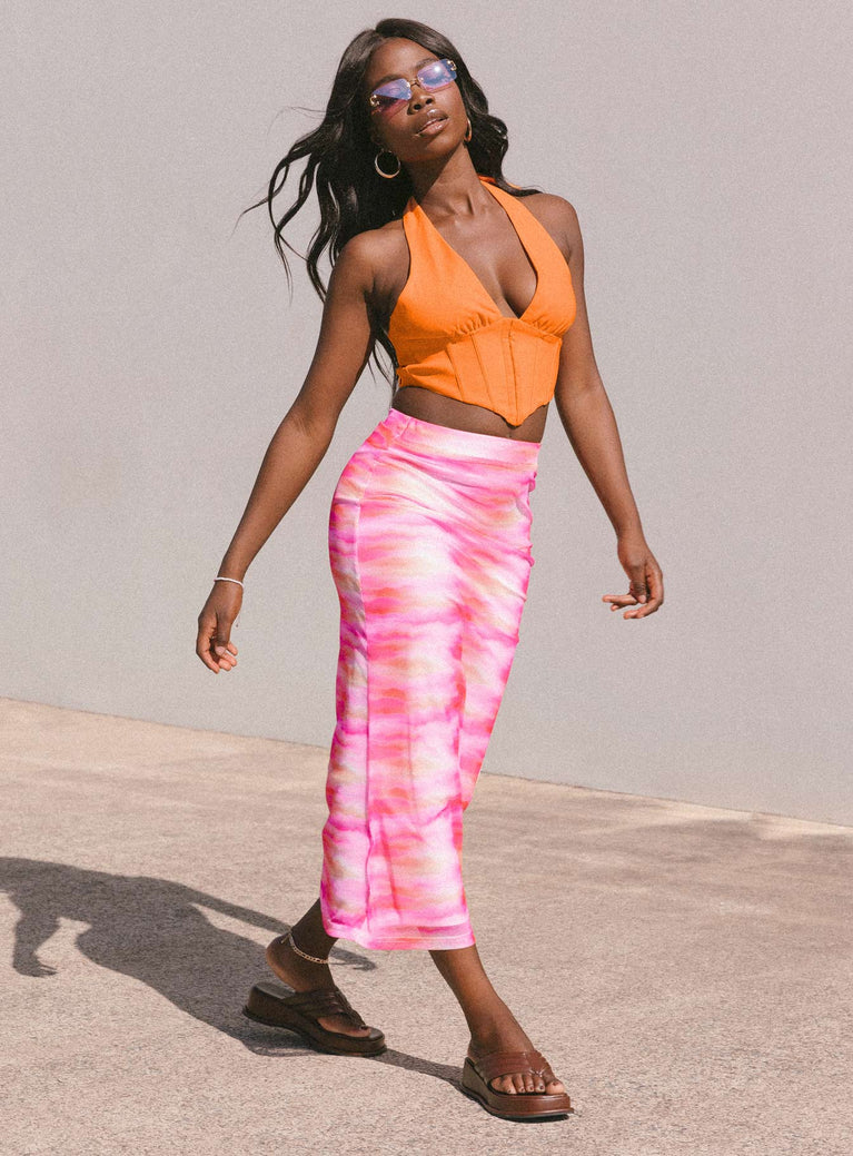   side view of model wearing Princess Polly Sunset Trip Midi Skirt Pink 