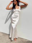 Front view of model wearing  front Princess Polly High Neck  Berlin Satin Midi Dress White