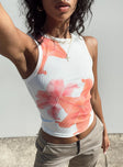 Front view of model wearing  front Princess Polly Sleeveless High Neck  Hibiscus Tank Top White / Multi