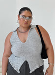 Front view of model wearing  front Princess Polly Sleeveless V-Neck  Galliniski Knit Top Grey Curve