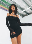 Front view of model wearing  front Princess Polly Asymmetric Neckline  Tisha Off The Shoulder Mini Dress Black