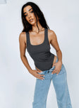 front view of model wearing Princess Polly Camellia Bodysuit Slate Grey Sleeveless Scoop Neck 