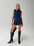 front view of model wearing Princess Polly Countryside Skort Blue Denim Low Rise Shorts 