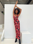 Front view of model wearing  front Princess Polly High Neck  Lauers Maxi Dress Red Floral / Black