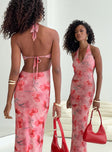 back view of model wearing Princess Polly Maillard Halter Maxi Dress Pink V-Neck 