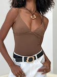 front view of model wearing Princess Polly Gazel Bodysuit Brown Sleeveless Plunger 