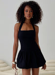 front view of model wearing Princess Polly Gigli Bubble Hem Mini Dress Black Tall Square Neck 