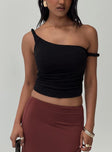 front view of model wearing Princess Polly Messenger One Shoulder Top Black Sleeveless Asymmetric Neckline 