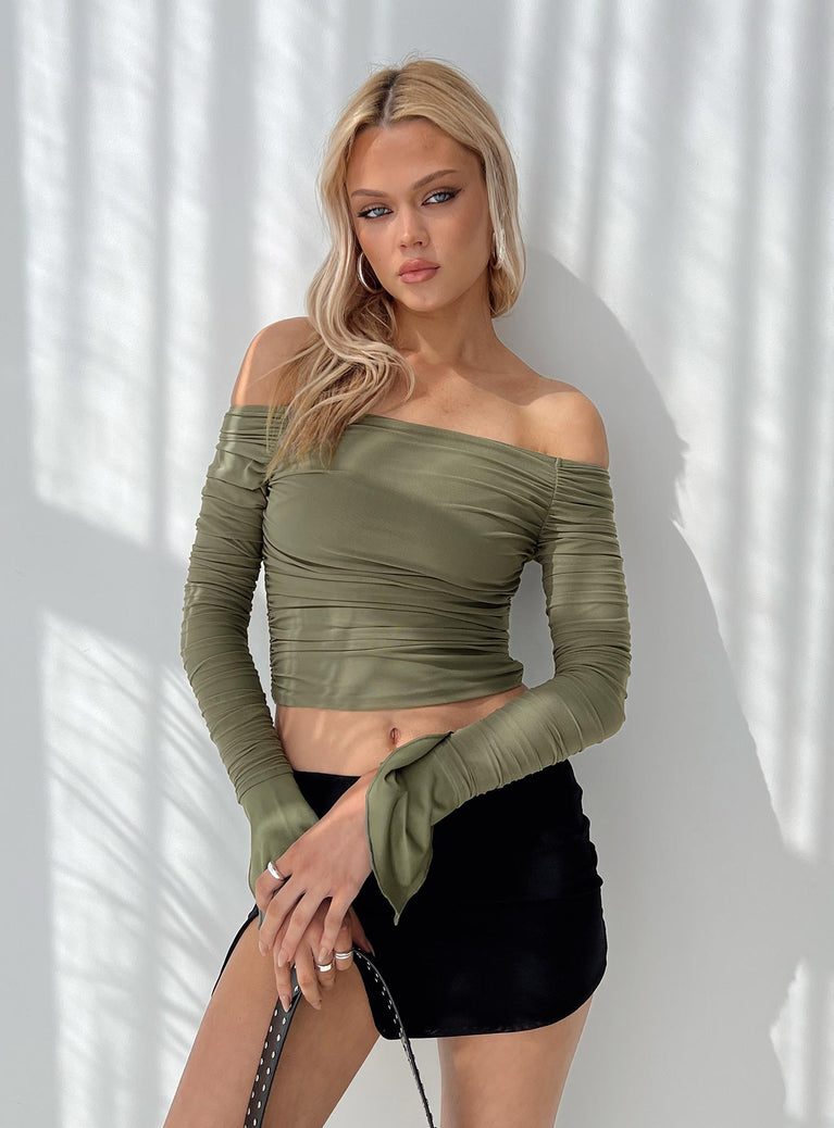 product Princess Polly Full Sleeves Asymmetric Neckline  Moreno Off The Shoulder Top Green