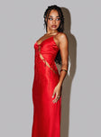 side view of model wearing Princess Polly About A Girl Maxi Dress Red Plunger 