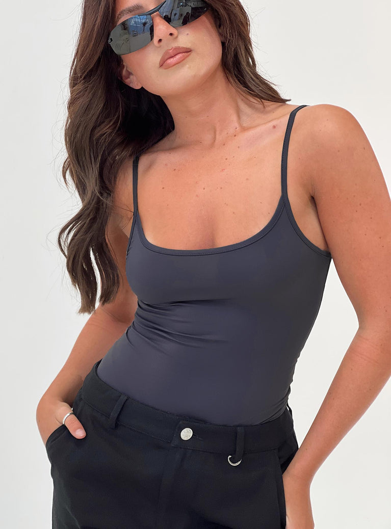 front view of model wearing Princess Polly Geary Bodysuit Grey Petite Sleeveless Scoop Neck 