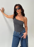 front view of model wearing Princess Polly Hutter Bodysuit Grey Petite Sleeveless Asymmetric Neckline 