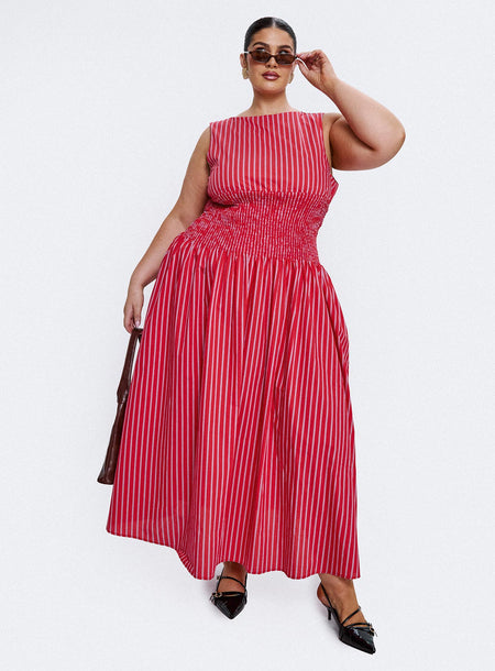 Lilienne Cotton Poplin Maxi Dress Red Stripe Curve