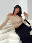 Beige long sleeve top Ribbed knit material  Off the shoulder design  Flared sleeves Good stretch 