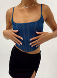 back view of model wearing Princess Polly Myles Top Denim Sleeveless Square Neck 