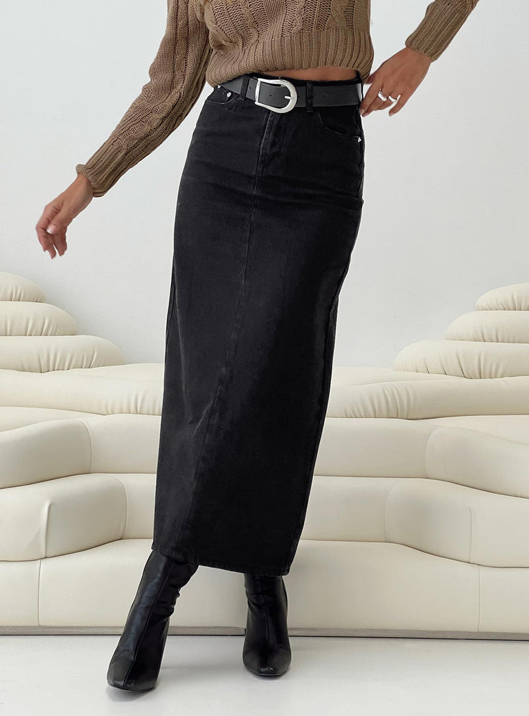   front view of model wearing Princess Polly Whessler Split Back Denim Midi Skirt Black Midi Skirts 