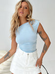 front view of model wearing Princess Polly Beller Top Blue Sleeveless Asymmetric Neckline 