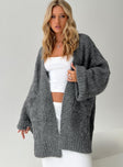 front view of model wearing Princess Polly Paisleigh Cable Knit Cardigan Charcoal Long 