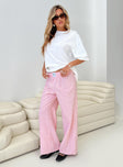 side view of model wearing Princess Polly Beach House Pants Pink/White High Waisted Pants 