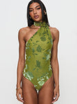 front view of model wearing Princess Polly Frostbloom Scarf Neck Bodysuit Green Sleeveless 