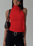 front view of model wearing Princess Polly Mathias Top Red Sleeveless High Neck 