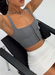 Front view of model wearing  front Princess Polly Sleeveless Square Neck  Carvey Top Slate