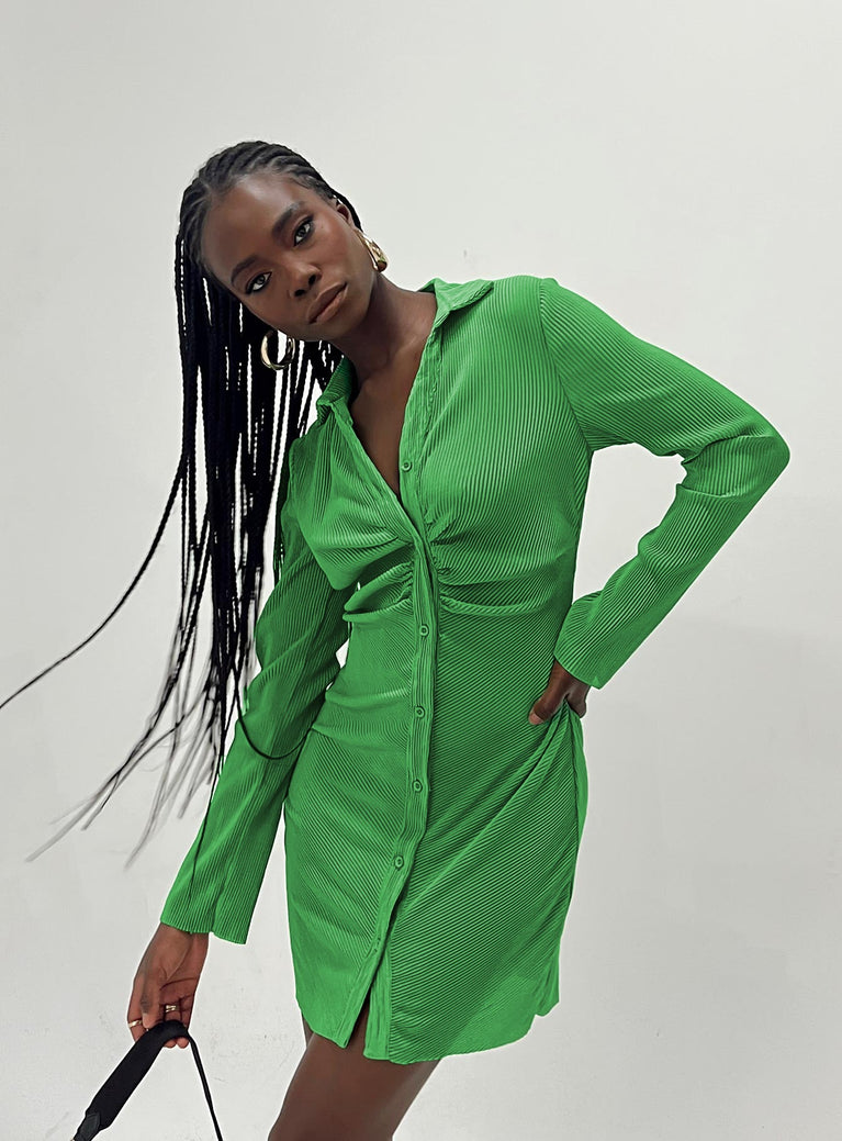 side view of model wearing Princess Polly Annemarie Mini Dress Green V-Neck 