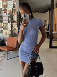 side view of model wearing Princess Polly Mellania Mini Dress Blue Crew Neck 