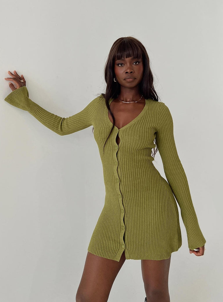 front view of model wearing Princess Polly Waldin Long Sleeve Mini Dress Olive V-Neck 