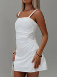 side view of model wearing Princess Polly Doiley Moiley Mini Dress White Square Neck 