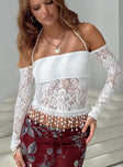 front view of model wearing Princess Polly Float Lace Top White Full Sleeves Square Neck 