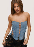 front view of model wearing Princess Polly Eden Lace Up Corset Denim Mid Wash Sleeveless straight 