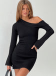 front view of model wearing Princess Polly Holveck Off The Shoulder Mini Dress Black Asymmetric Neckline 