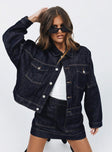 Denim jacket Dark wash denim Cropped design Pointed collar Button fastening at front Twin chest pockets Drop shoulder