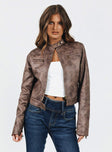 Moto jacket Faux leather material  Zip & button fastenings Double chest pockets  Non-stretch 