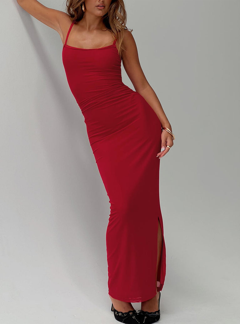 front view of model wearing Princess Polly Apolline Maxi Dress Red Square Neck 