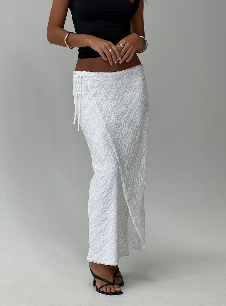   front view of model wearing Princess Polly Ring Her Up Lace Wrap Maxi Skirt White Maxi 