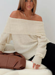 front view of model wearing Princess Polly Parkley Boucle Off The Shoulder Sweater Cream Long 