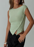 front view of model wearing Princess Polly Karre Off The Shoulder Top Green Sleeveless Asymmetric Neckline 