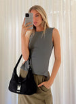 Front view of model wearing  front Princess Polly Sleeveless High Neck  Uzo Top Grey