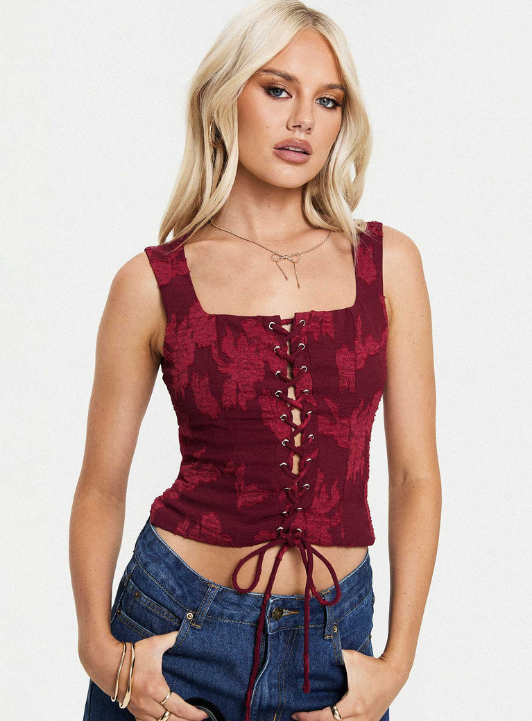 front view of model wearing Princess Polly Vincenzo Corset Top Red Sleeveless Square Neck 