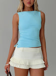 front view of model wearing Princess Polly Wonderful World Top Blue Sleeveless Boat Neck 