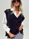 front view of model wearing Princess Polly Antonia Sweater Vest Black Cropped 