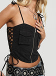 back view of model wearing Princess Polly Dalloren Denim Cargo Top Black Sleeveless Square Neck 