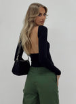 Front view of model wearing  front Princess Polly Three Fourth Sleeves Square Neck  Rixie Long Sleeve Top Black