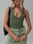 front view of model wearing Princess Polly Abelie Bodysuit Green Sleeveless Plunger 