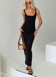 Rib-knit maxi dress Slim fitting, scoop neckline, fixed shoulder straps  Good stretch, unlined